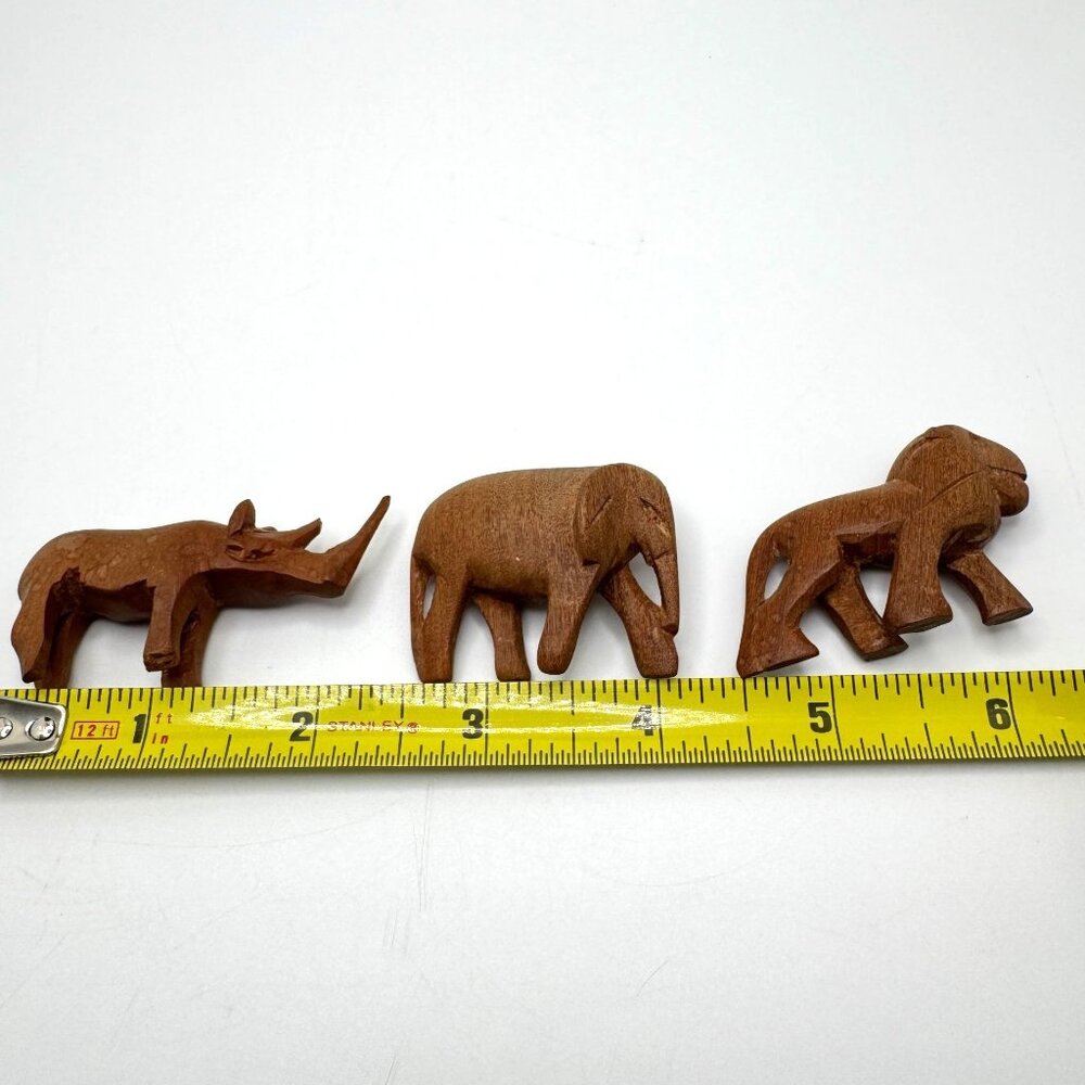Hand-Carved African Animal Figurines 3 Pc Rhino Lion Elephant Wood Safari Vtg